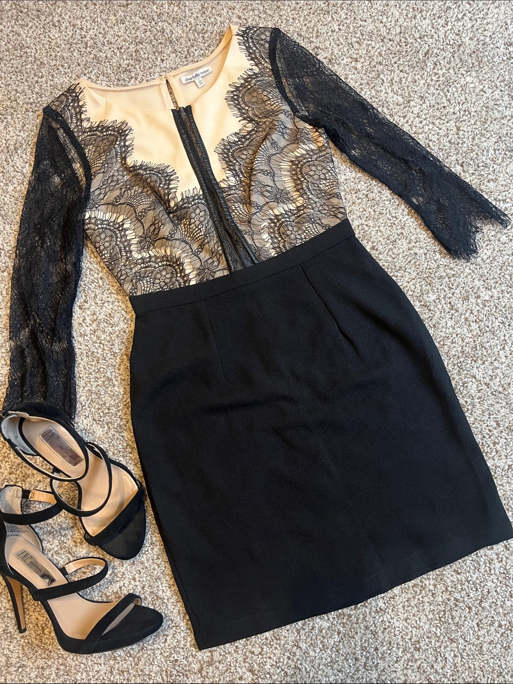 Charlotte Russe Black and Nude Lace Mini Dress